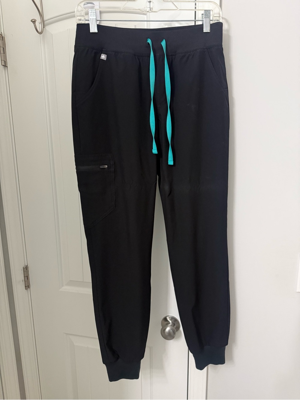 Figs Womens Black Joggers with Teal Drawstring